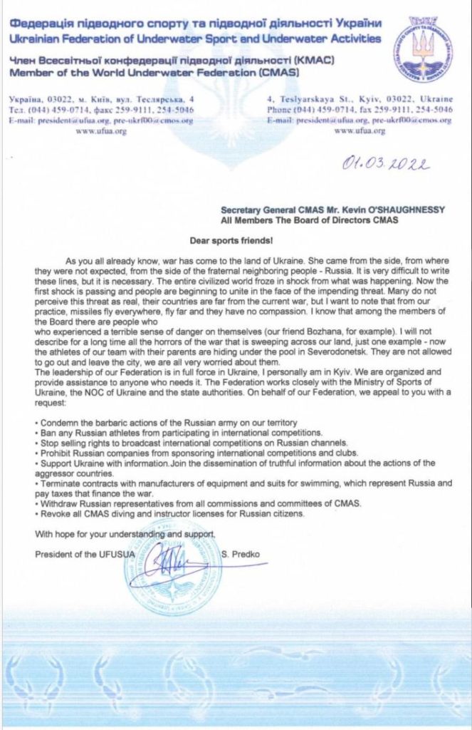 🇺🇦 Open letter to CMAS by Ukrainian Underwater Federation, Finswimmer Magazine - Finswimming News